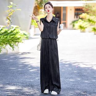 慵懒风时尚休闲条纹套装长裤女夏高级感无袖抽褶衬衫阔腿裤两件套