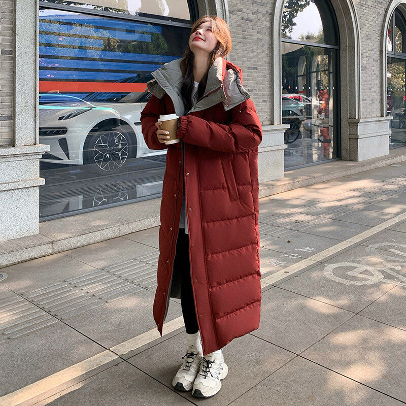 新年红色韩版连帽羽绒服女2026冬季新款高级感长款90白鸭绒面包服