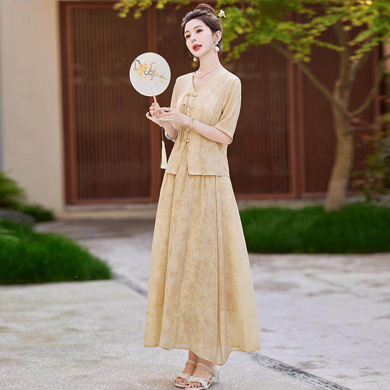 新中式风套装长裙女夏清冷风 提花盘扣衬衫高腰显瘦半身裙两件套