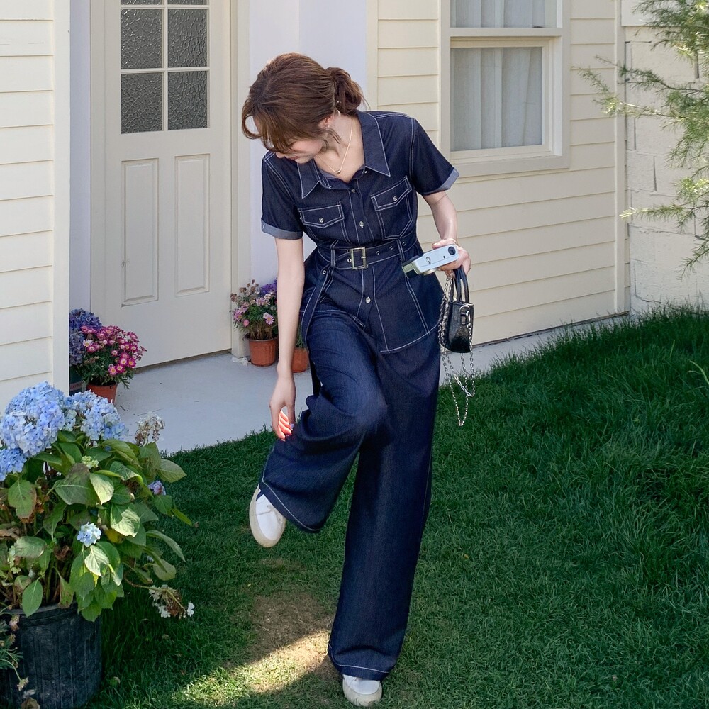 气质通勤牛仔套装长裤女夏装新款高级感短袖上衣穿搭阔腿裤两件套