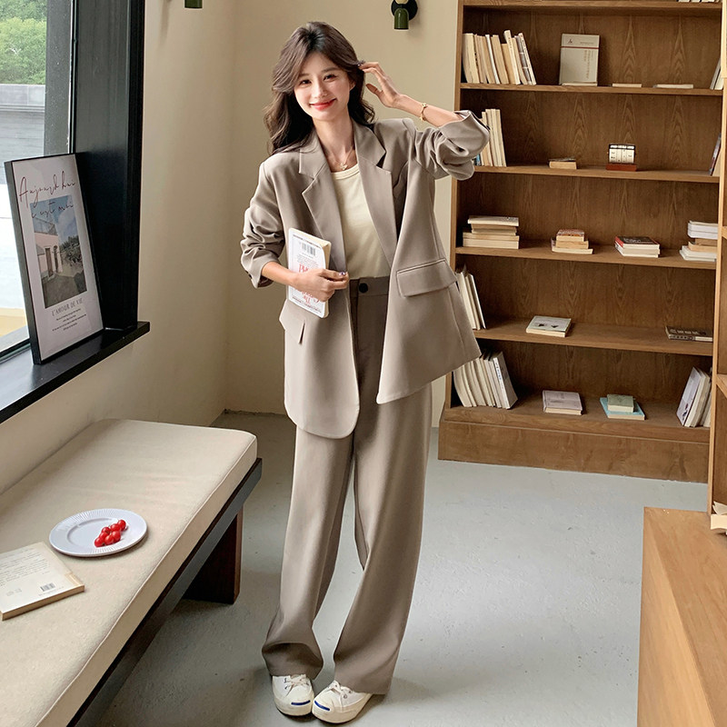 设计感休闲西装外套直筒裤套装女2025春季新款简约百搭宽松两件套
