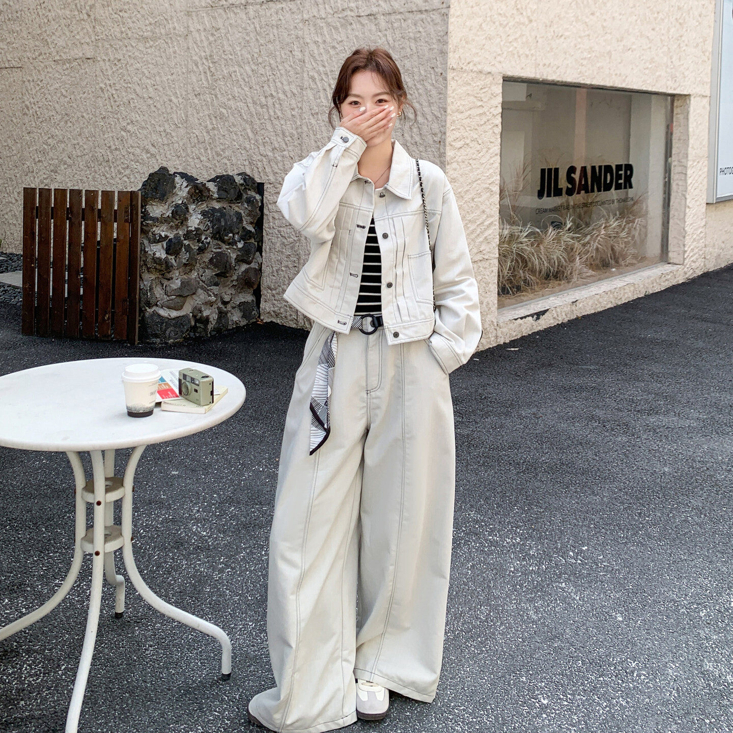 简约复古撞色明线短款牛仔套装女秋新款翻领夹克阔腿裤休闲两件套