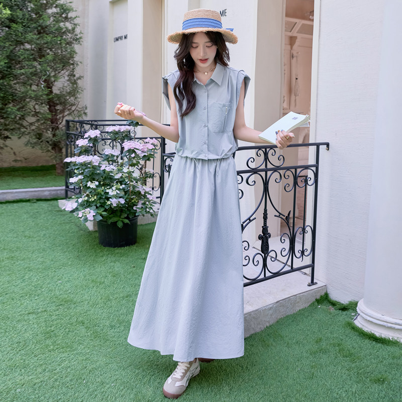 炸街工装套装长裙女夏装新款遮肉显瘦小个子短袖衬衫半身裙两件套