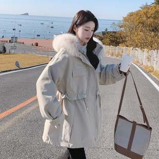 大毛领工装派克棉服女冬季新款抽绳收腰设计感加绒加厚保暖棉衣