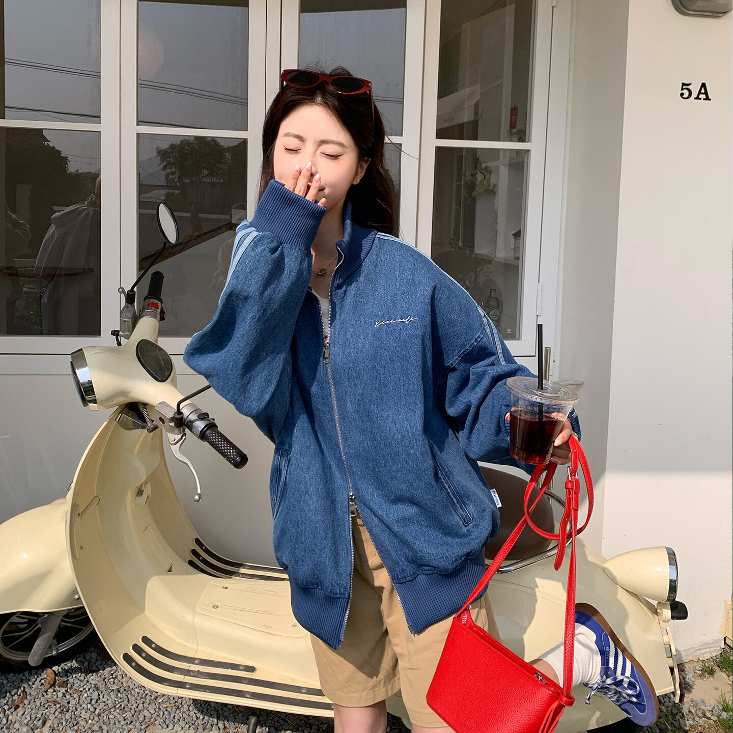 美式复古撞色拼接针织立领牛仔外套女春秋新款学院风短款飞行夹克