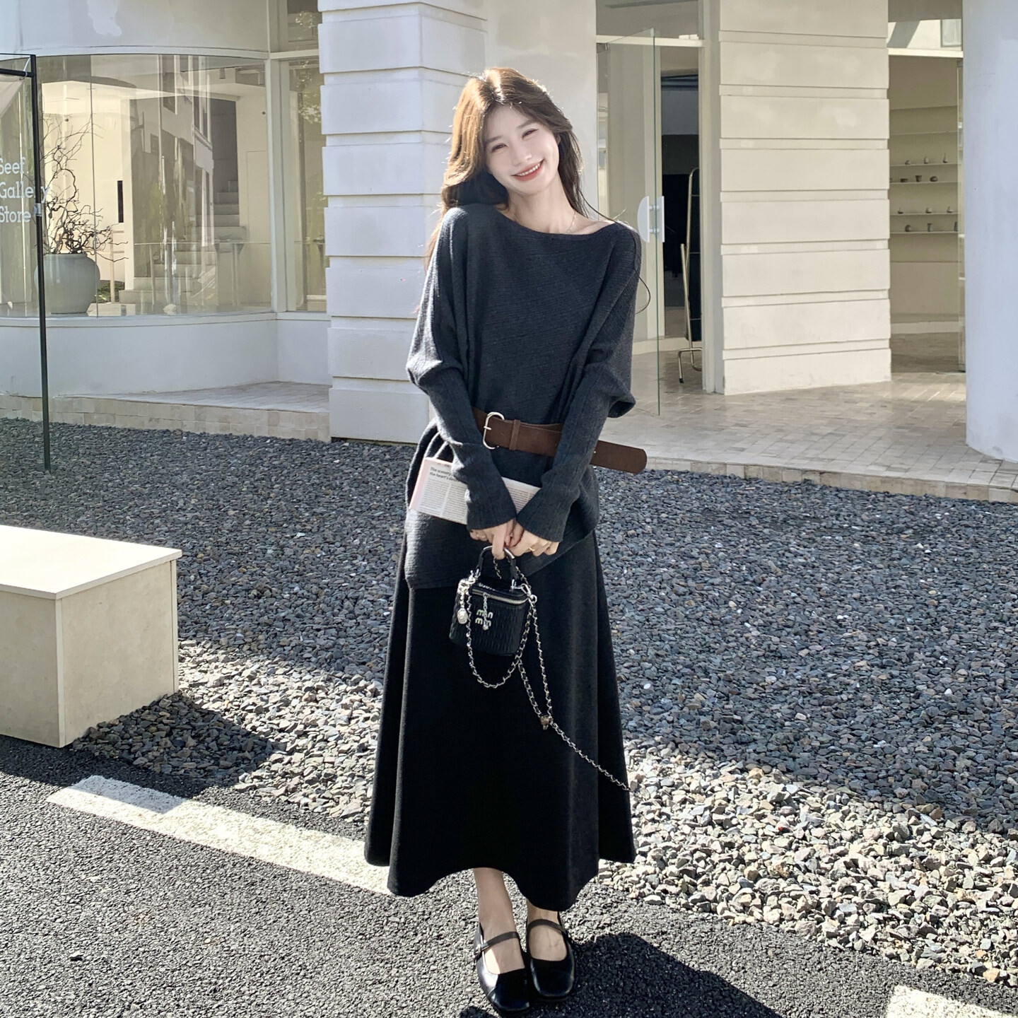 法式慵懒风女神范穿搭套装2026新款蝙蝠袖针织上衣半身裙两件套