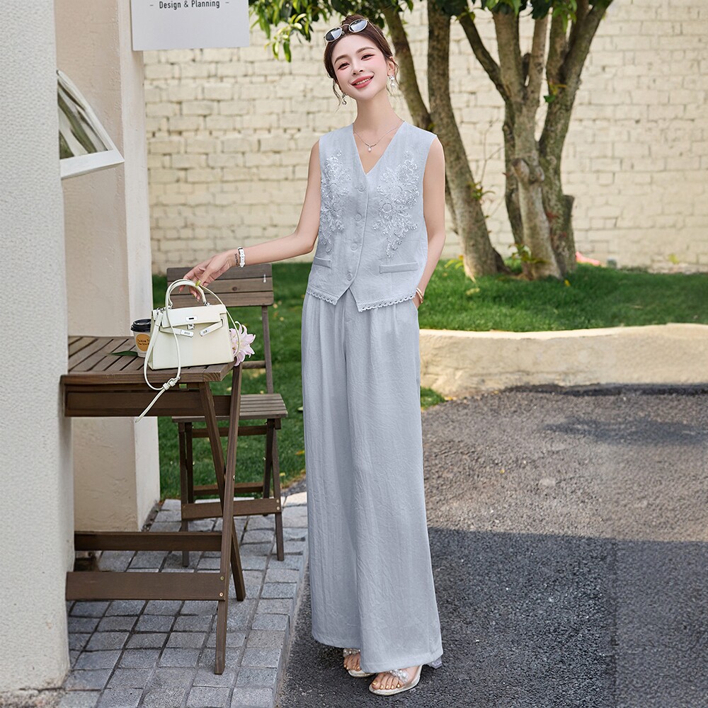 重工刺绣马甲阔腿裤套装女夏高级感气质减龄一整套穿搭时尚两件套