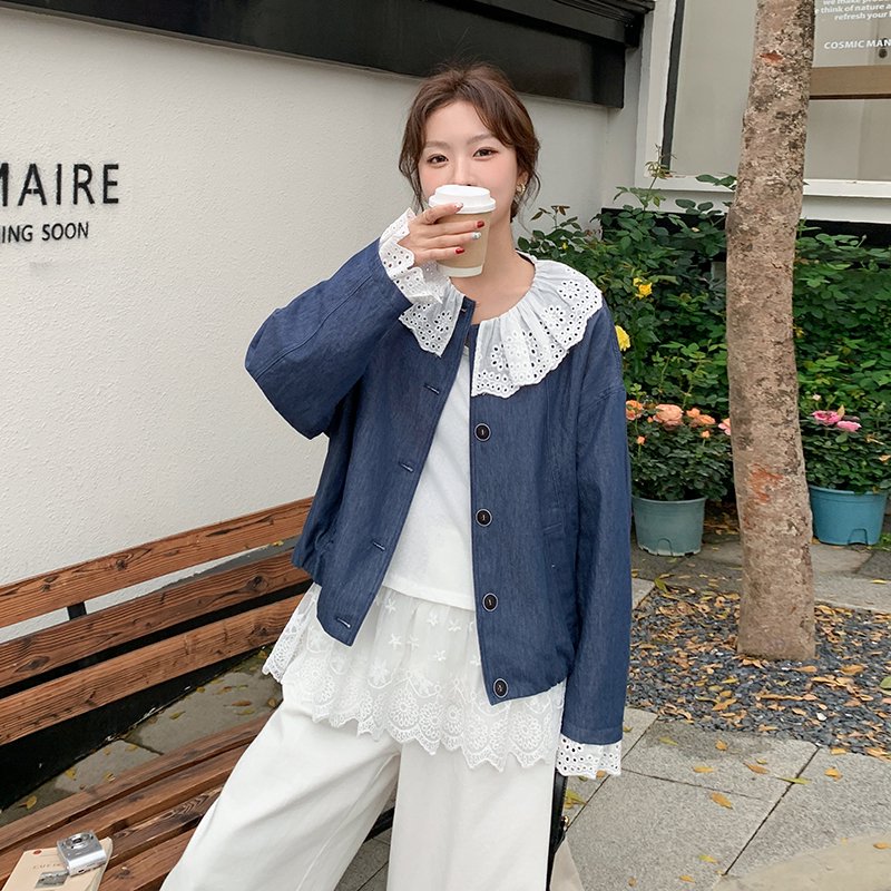 设计感蕾丝拼接娃娃领牛仔短外套女春秋季复古小个子休闲减龄夹克