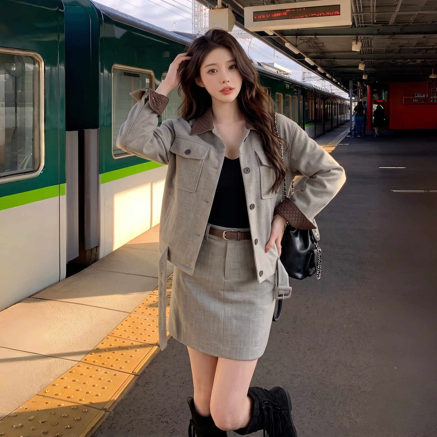 韩系简约工装风翻领外套半身裙套装女秋季新款显瘦气质减龄两件套