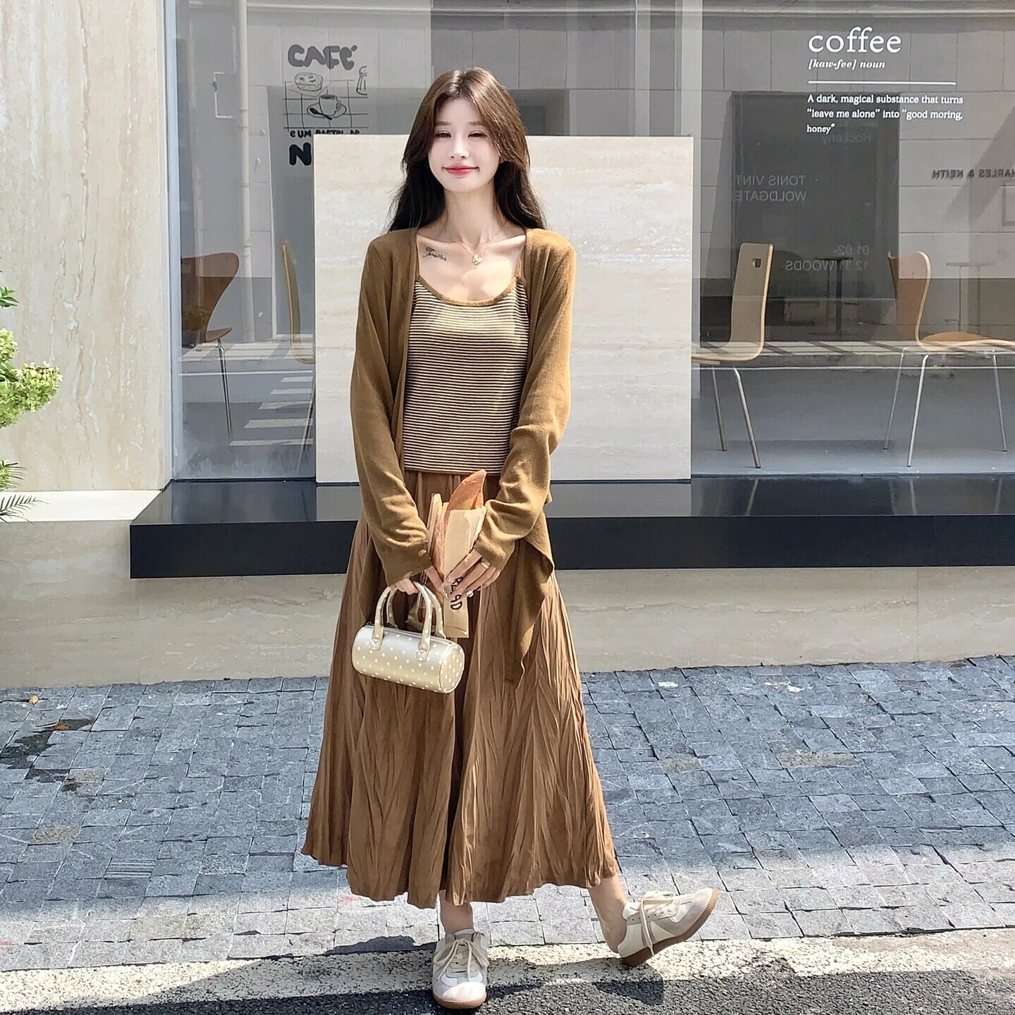 针织开衫条纹吊带半身裙套装女