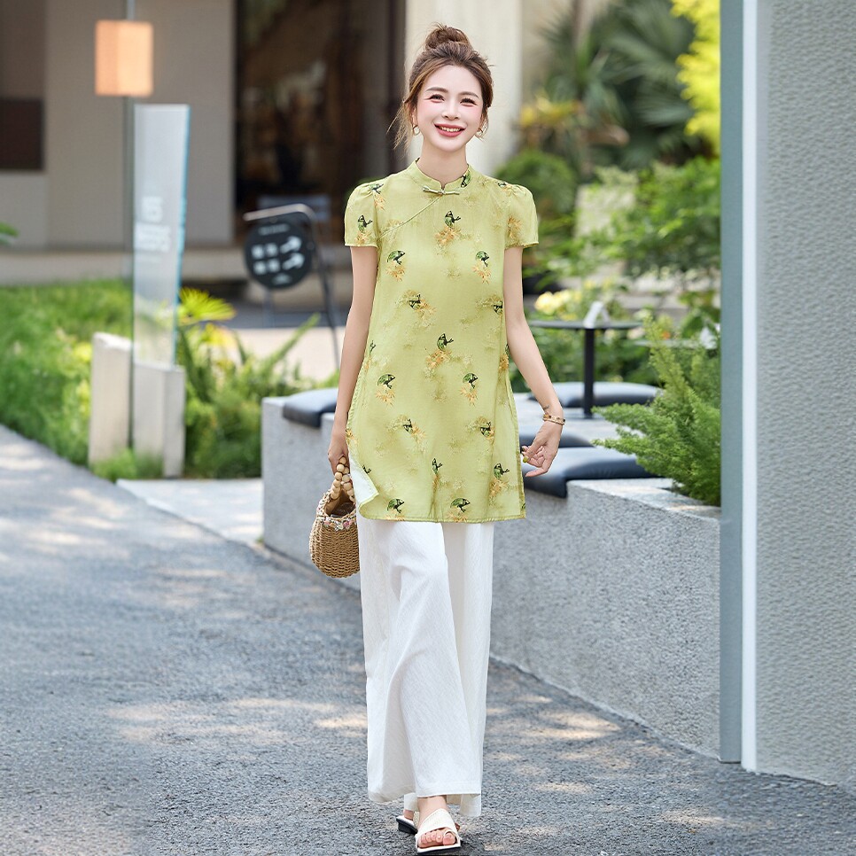 新中式印花改良短袖旗袍上衣两件套女夏装国风宽松高腰阔腿裤套装