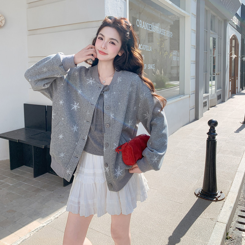 韩系撞色刺绣短款棒球服外套女