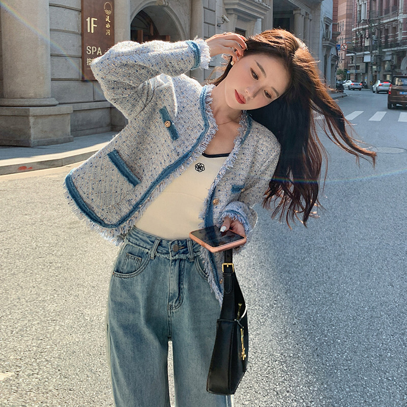 长袖圆领牛仔拼接外套女