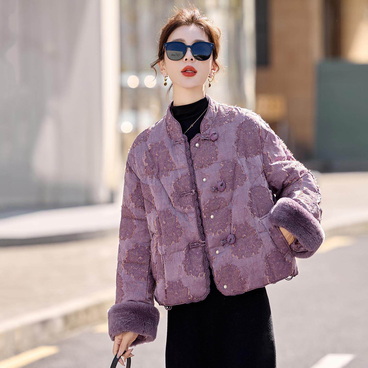 新中式国风羽绒服轻奢高级感超好看狐狸毛小个子盘扣提花短款外套