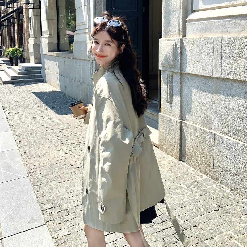 韩系纯色立领系带中长款风衣女