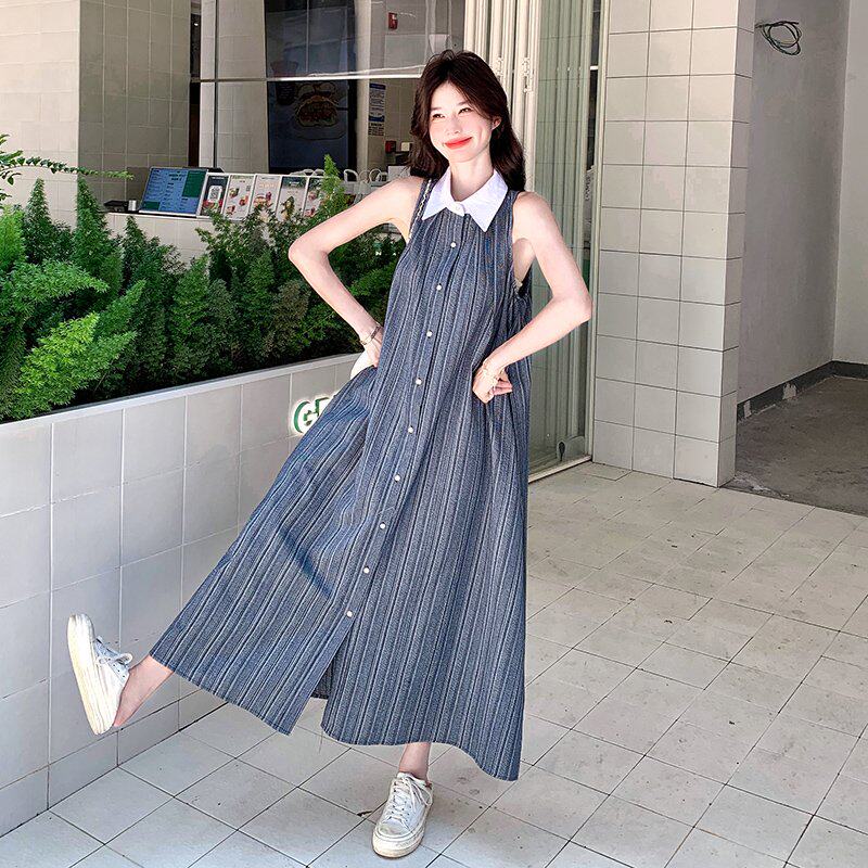 撞色翻领显瘦条纹无袖连衣裙新款女夏季高级感慵懒风休闲背心长裙