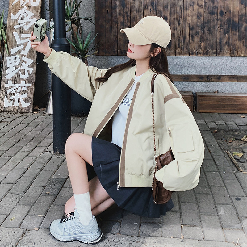 韩版撞色拼接立领短款棒球服外套
