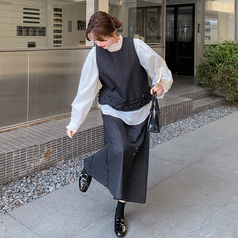 轻熟风复古木耳边背心马甲显瘦气质半身裙两件套女春秋新款套装潮