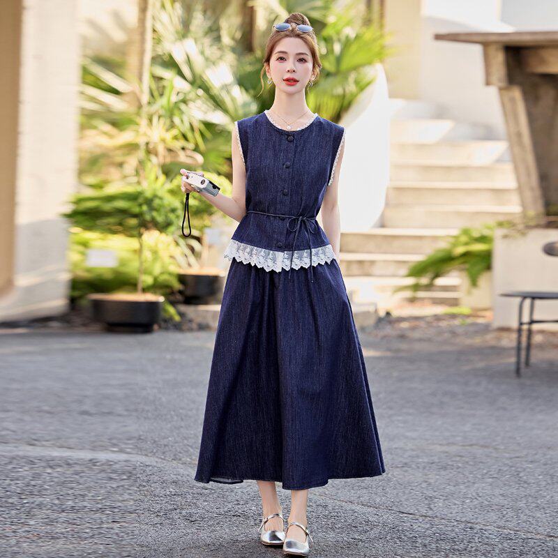 欧若风蕾丝花边牛仔马甲半身裙套装女夏薄款穿搭一整套长裙两件套