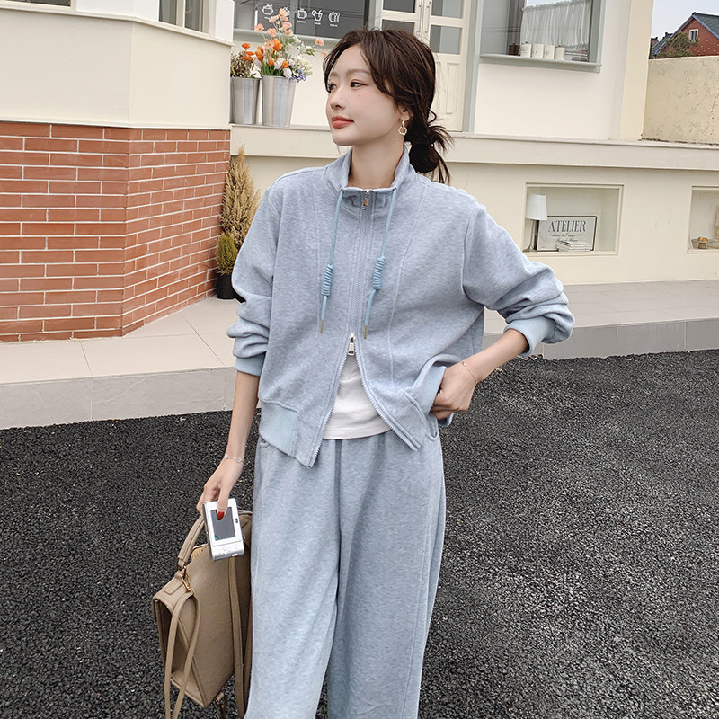 休闲运动卫衣开衫外套两件套女春秋新款韩系慵懒风减龄阔腿裤套装