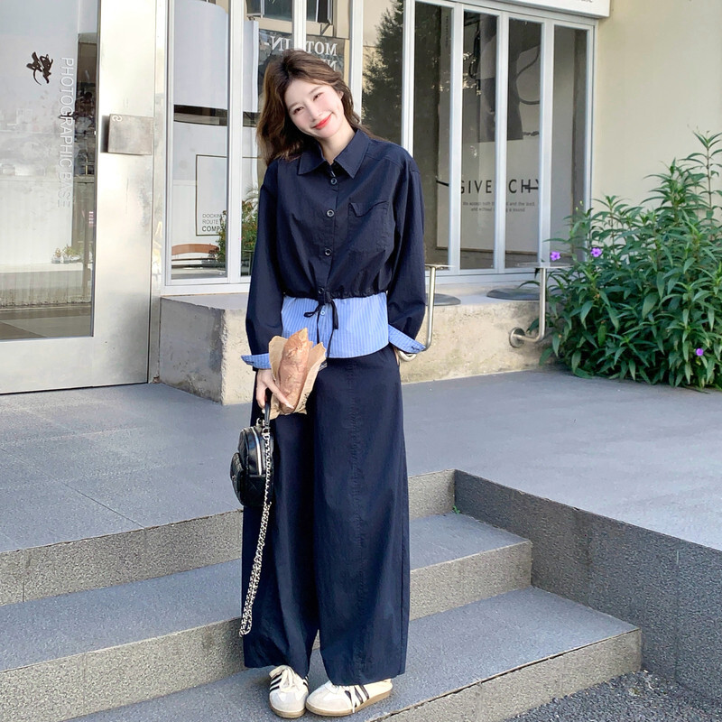 撞色条纹假两件衬衫阔腿裤套装女