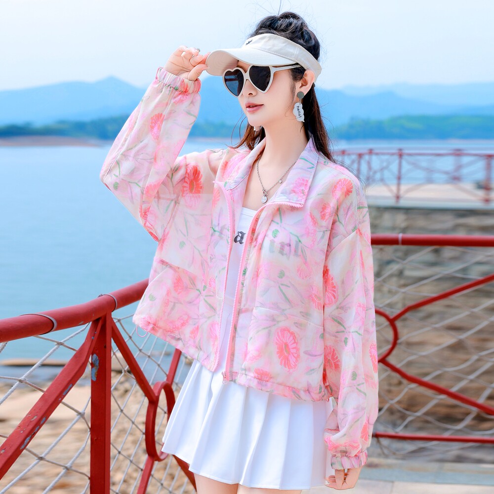 碎花拉链防晒衣女夏减龄百搭洋气慵懒风透气宽松大码轻薄短款外套