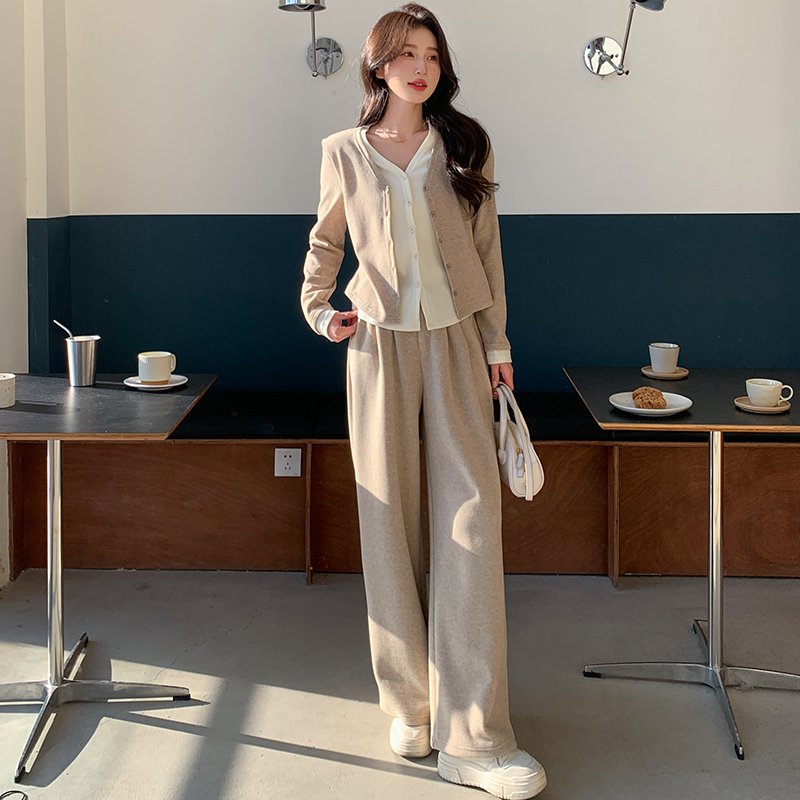 慵懒风时尚假两件针织开衫上衣套装女春秋新款垂坠感阔腿裤两件套