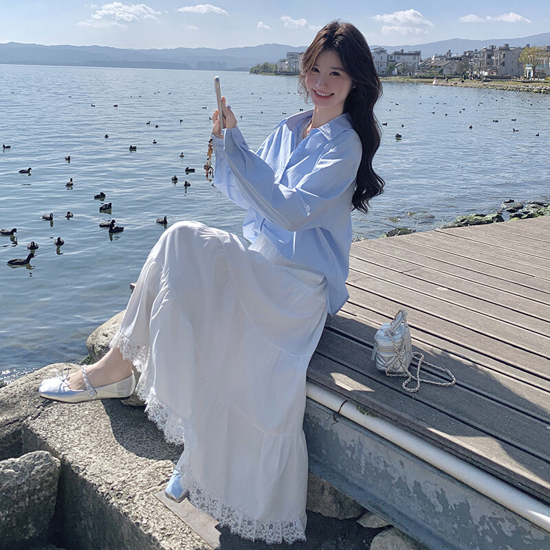 宽松衬衫蕾丝边蛋糕半身裙