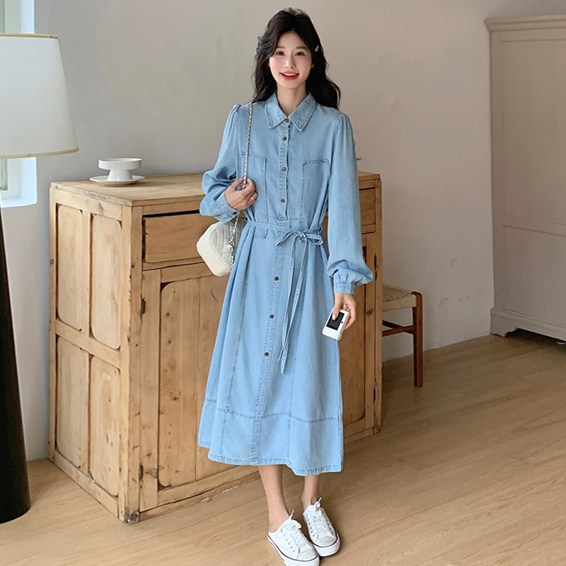 盐系时尚高级感Polo领牛仔气质宽松连衣裙收腰系带显瘦中长衬衫裙