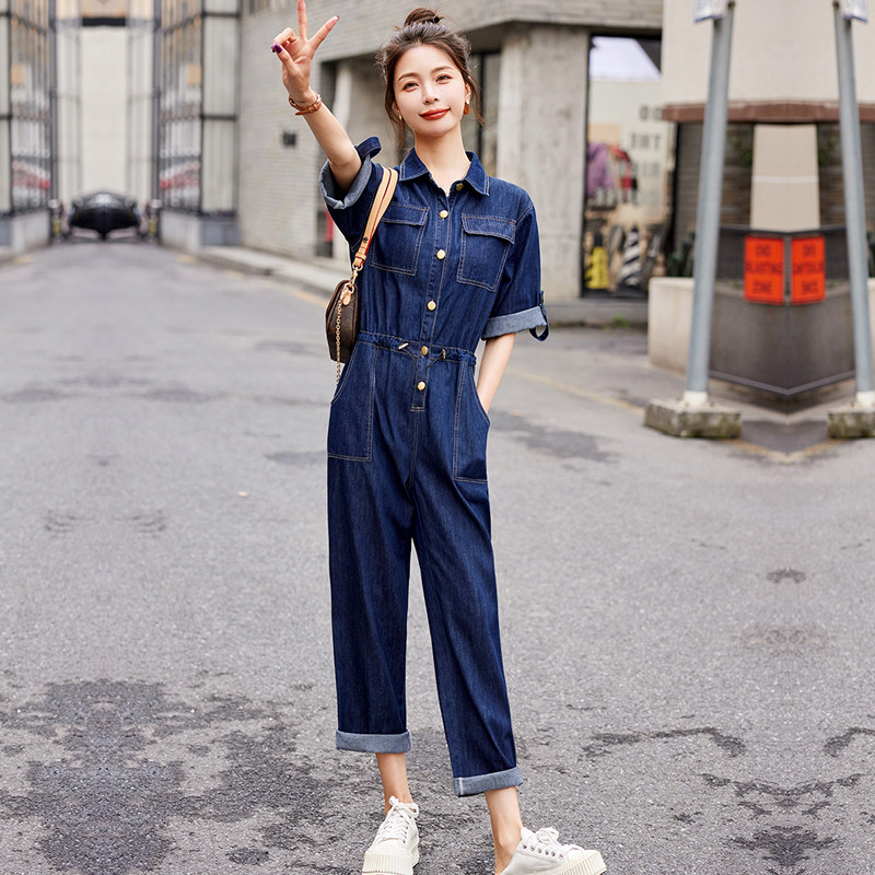 牛仔工装连体裤女夏季薄款减龄时尚高腰宽松休闲显瘦九分连衣裤潮
