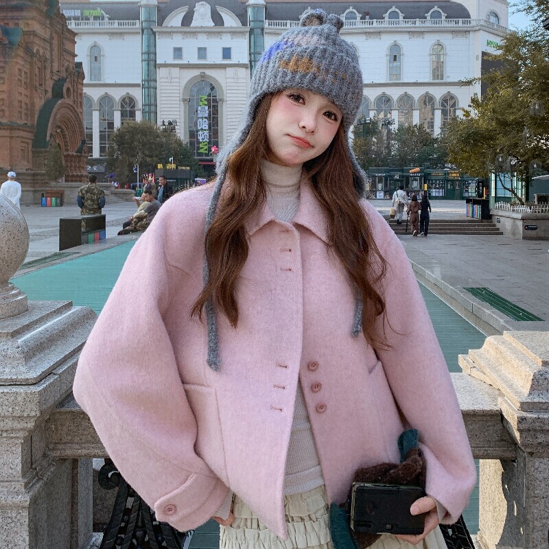 羊毛呢长袖甜美风粉色短款双面羊绒大衣女小个子减龄翻领毛呢外套