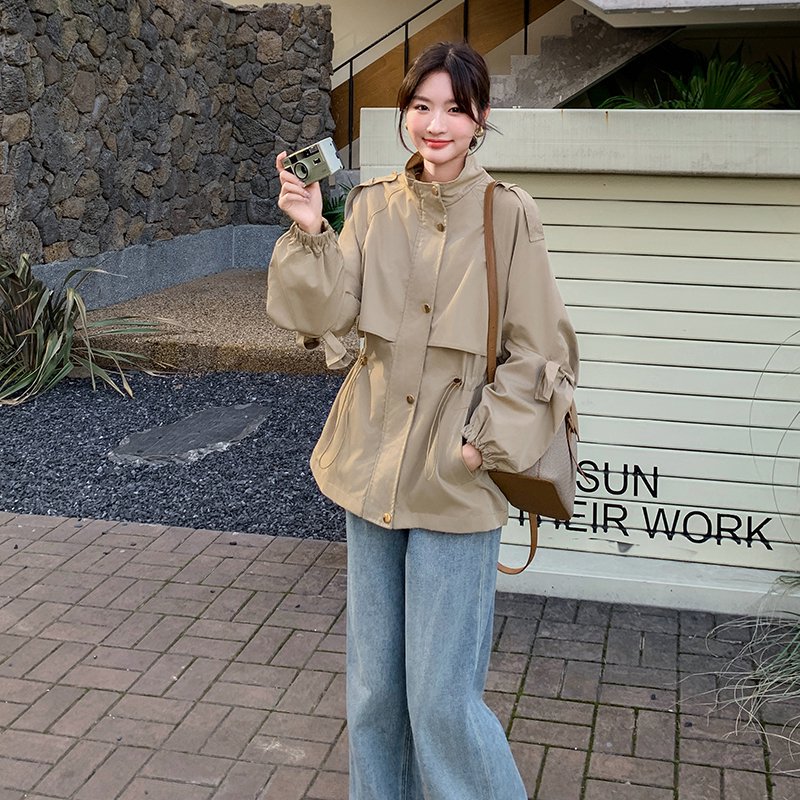 设计感抽绳收腰风衣外套女短款小个子春秋装韩系气质时尚显瘦立领