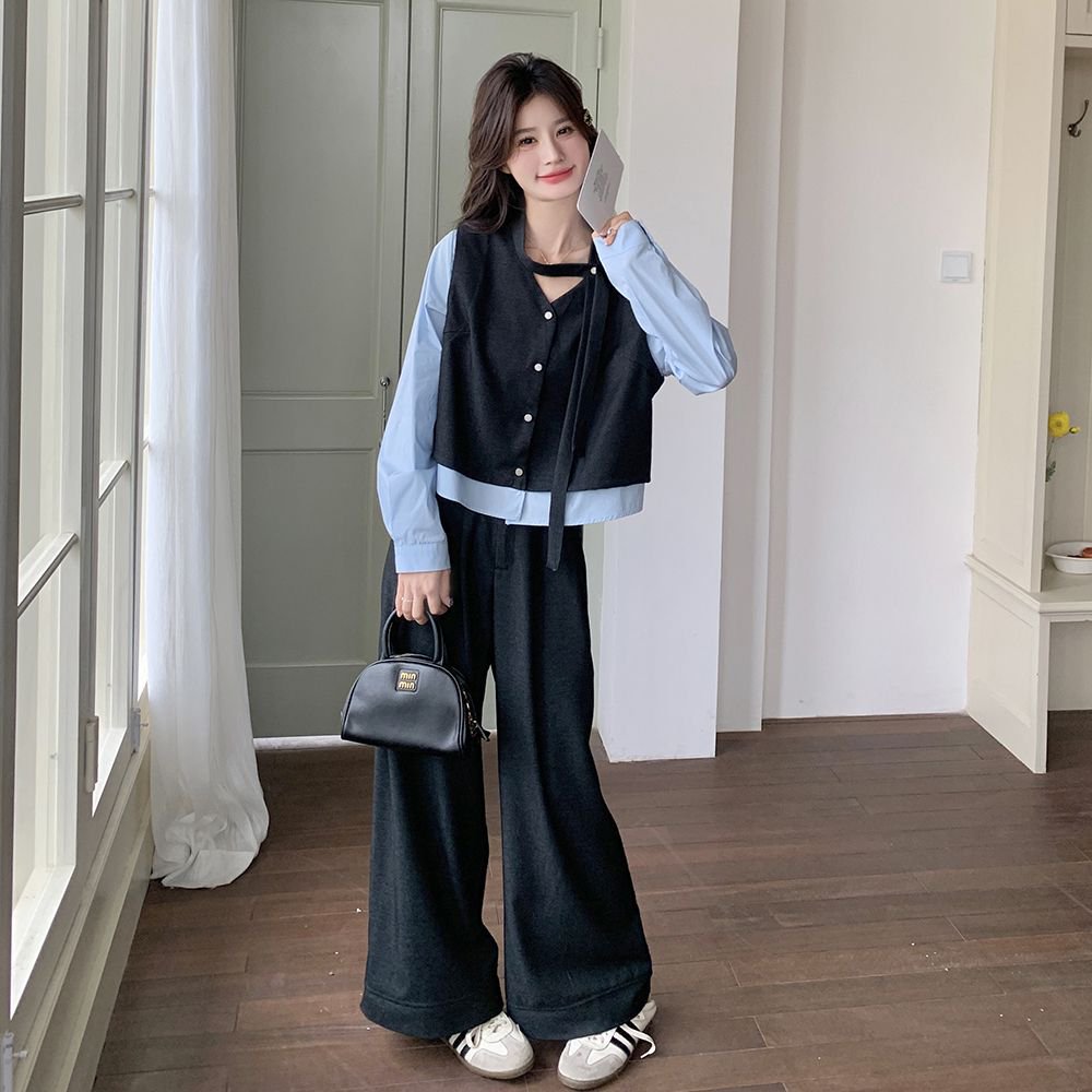 设计感时尚拼接假两件上衣套装长裤女春秋季新款气质阔腿裤两件套