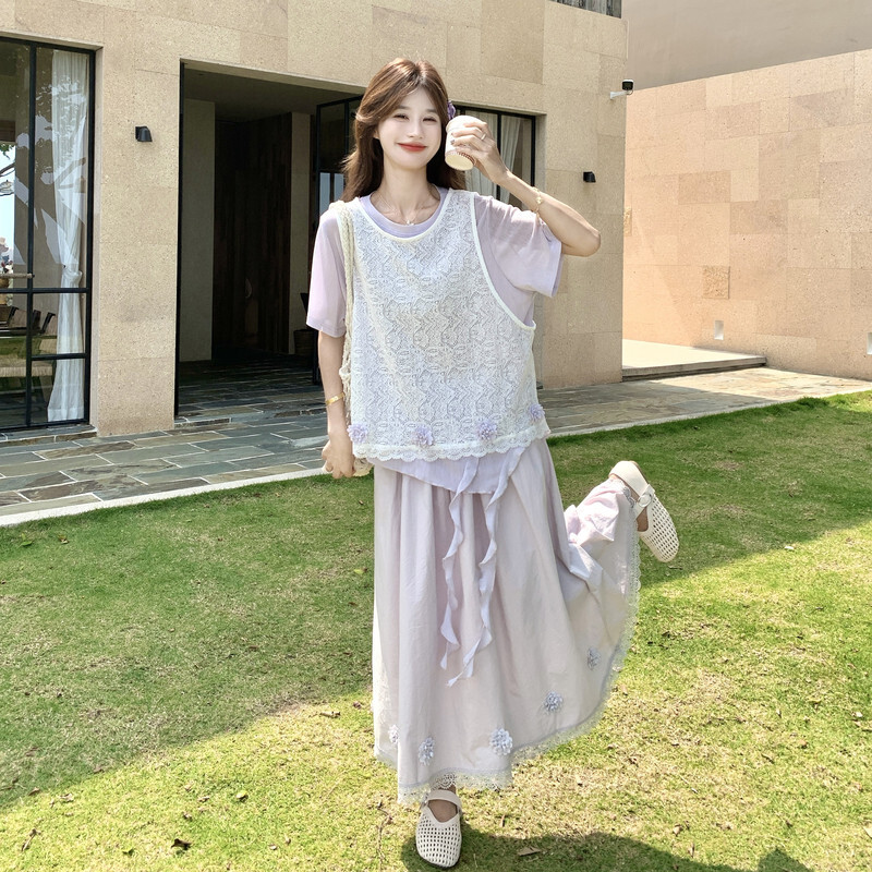 韩版蕾丝镂空背心不规则T恤半身裙套装女夏季新款宽松显瘦三件套