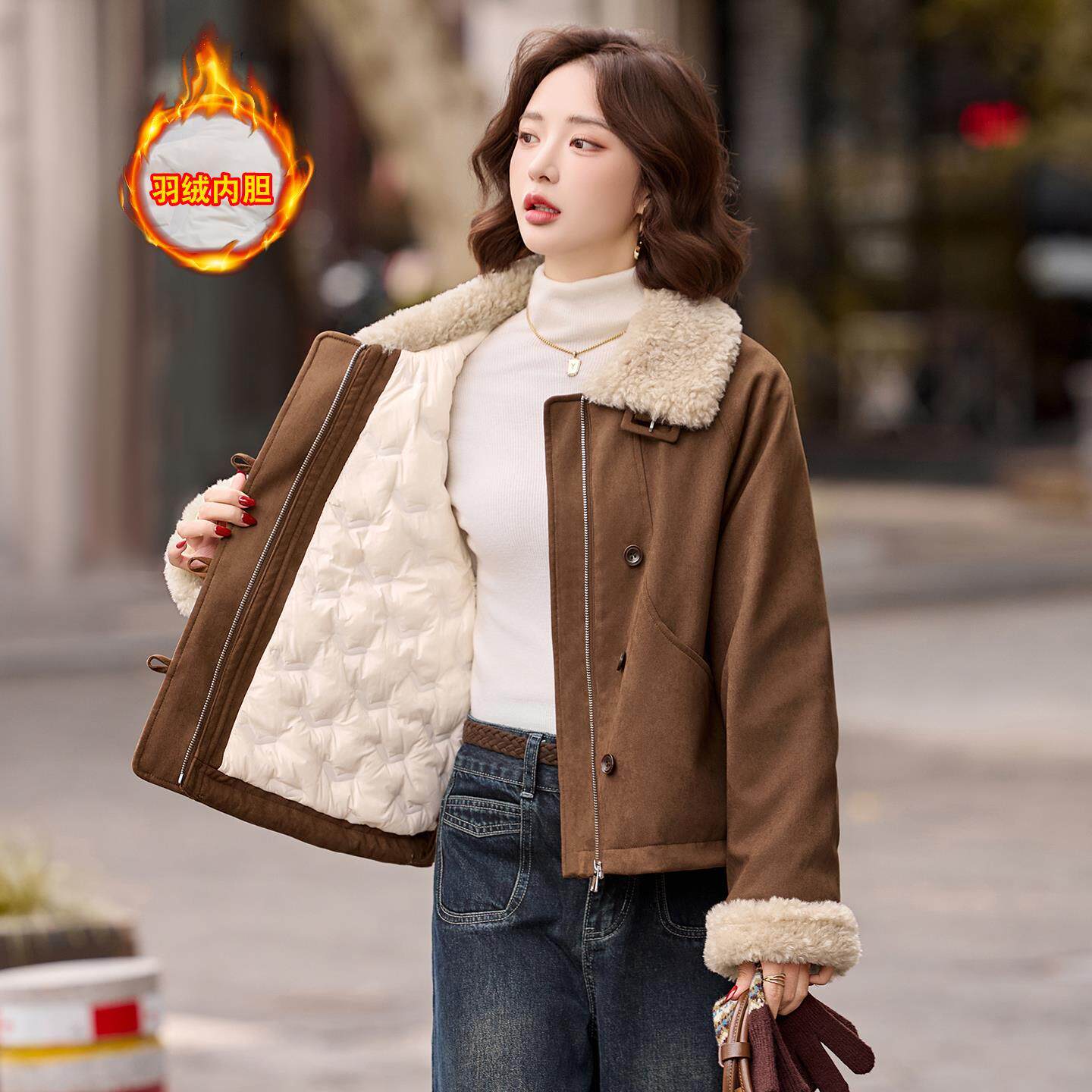 超好看派克羽绒服女冬新款翻领小个子短款工装美拉德麂皮绒短外套