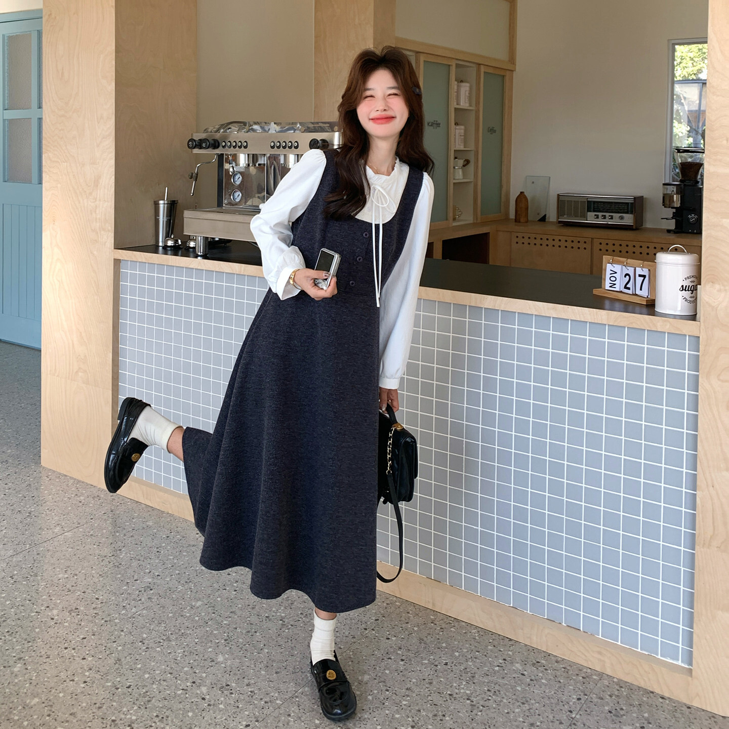 学院风假两件拼接衬衫连衣裙女