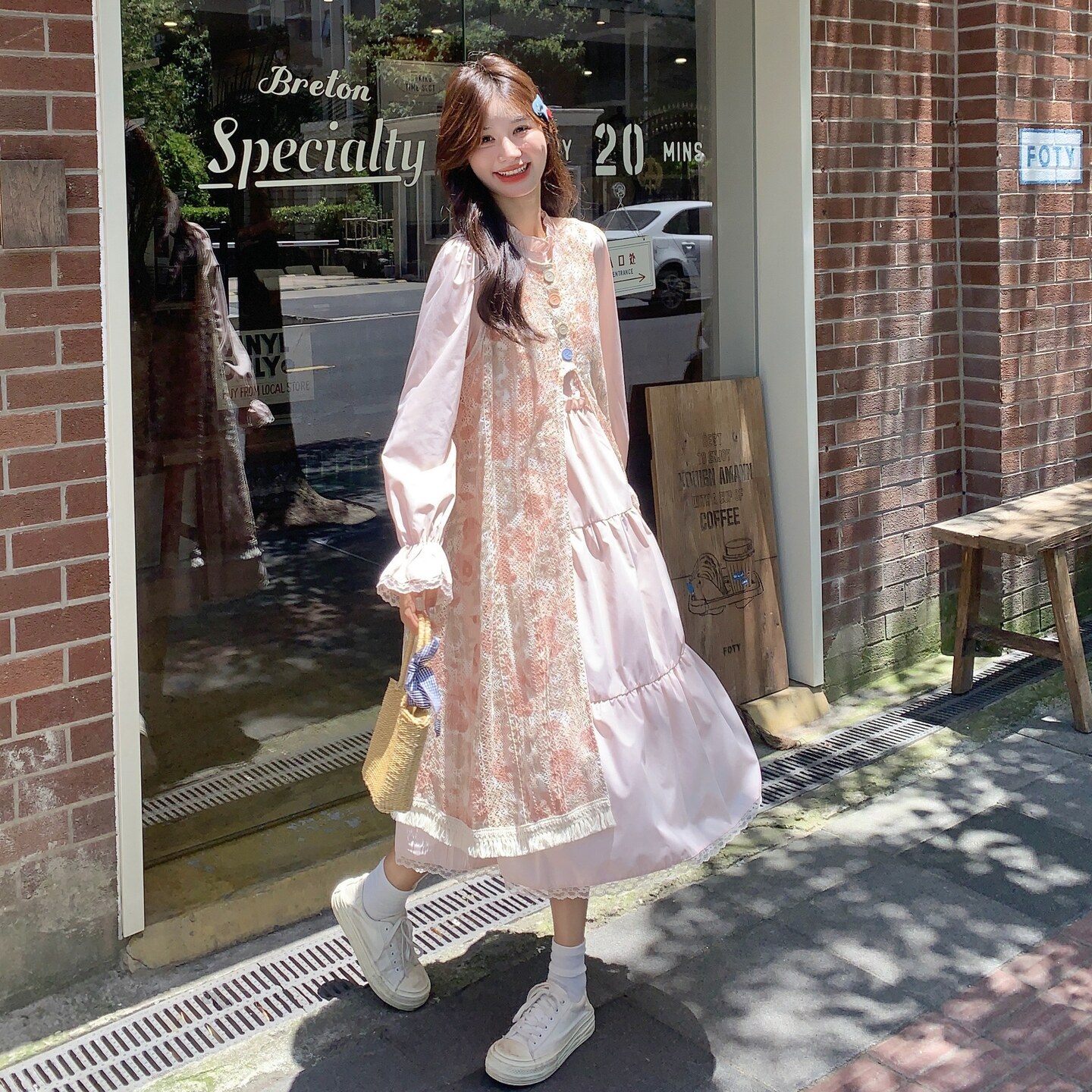 粉色叠穿印花罩衫连衣裙套装女