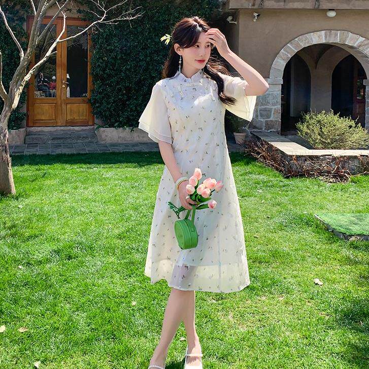 新中式改良旗袍连衣裙女夏季年轻款日常甜美温柔风微胖遮肉碎花裙