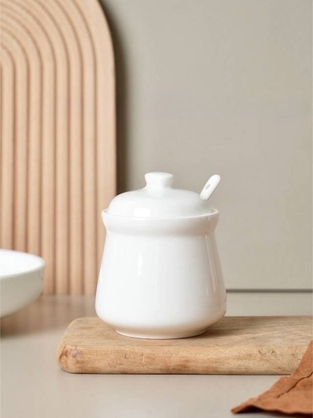 纯白甜味罐创意陶瓷调味罐360ml带盖勺家用厨房小罐子@4-2@