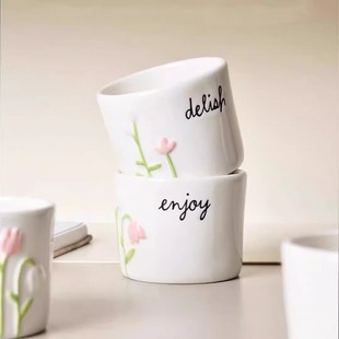 ins风陶瓷浮雕花卉猪口杯240ml高温釉下彩花色随机微瑕@4-2@