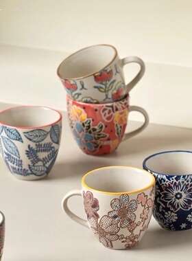 油画风手绘浮雕浓缩咖啡杯120ml高温釉下彩微波炉瑕疵自用@4-2@