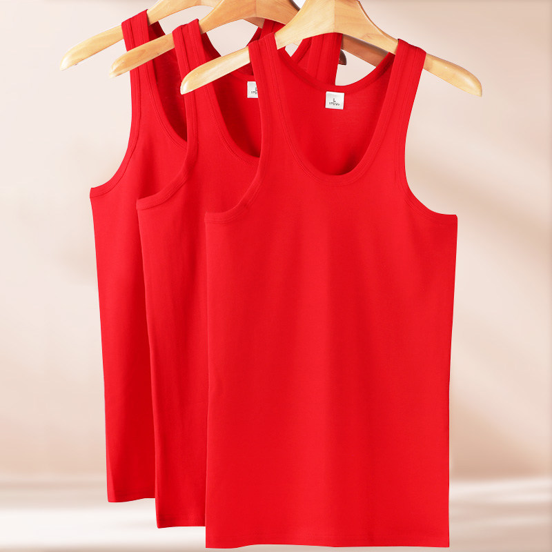 本命年大红色内衣背心男士纯棉无袖跨栏中老年人打底汗衫内穿全棉