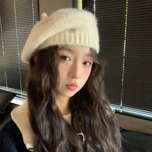显脸小画家帽 白色保暖针织毛线帽子好看 贝雷帽女秋冬季 2025新款