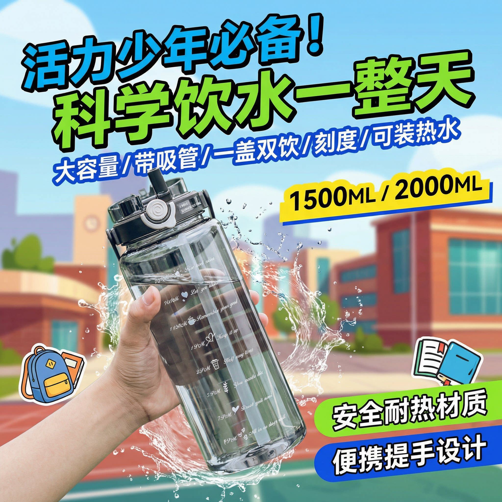 水杯男孩上学专用pp食品级耐高温塑料水杯便携运动大容量夏天泡茶