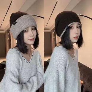 潮牌百搭保暖套头冷帽 复古毛线帽秋冬时尚 拼色针织帽男女同款 美式