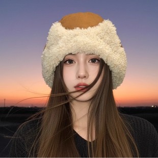 可爱猫耳羊羔毛渔夫帽子女款2025新款韩系冬季加厚保暖护耳毛绒帽