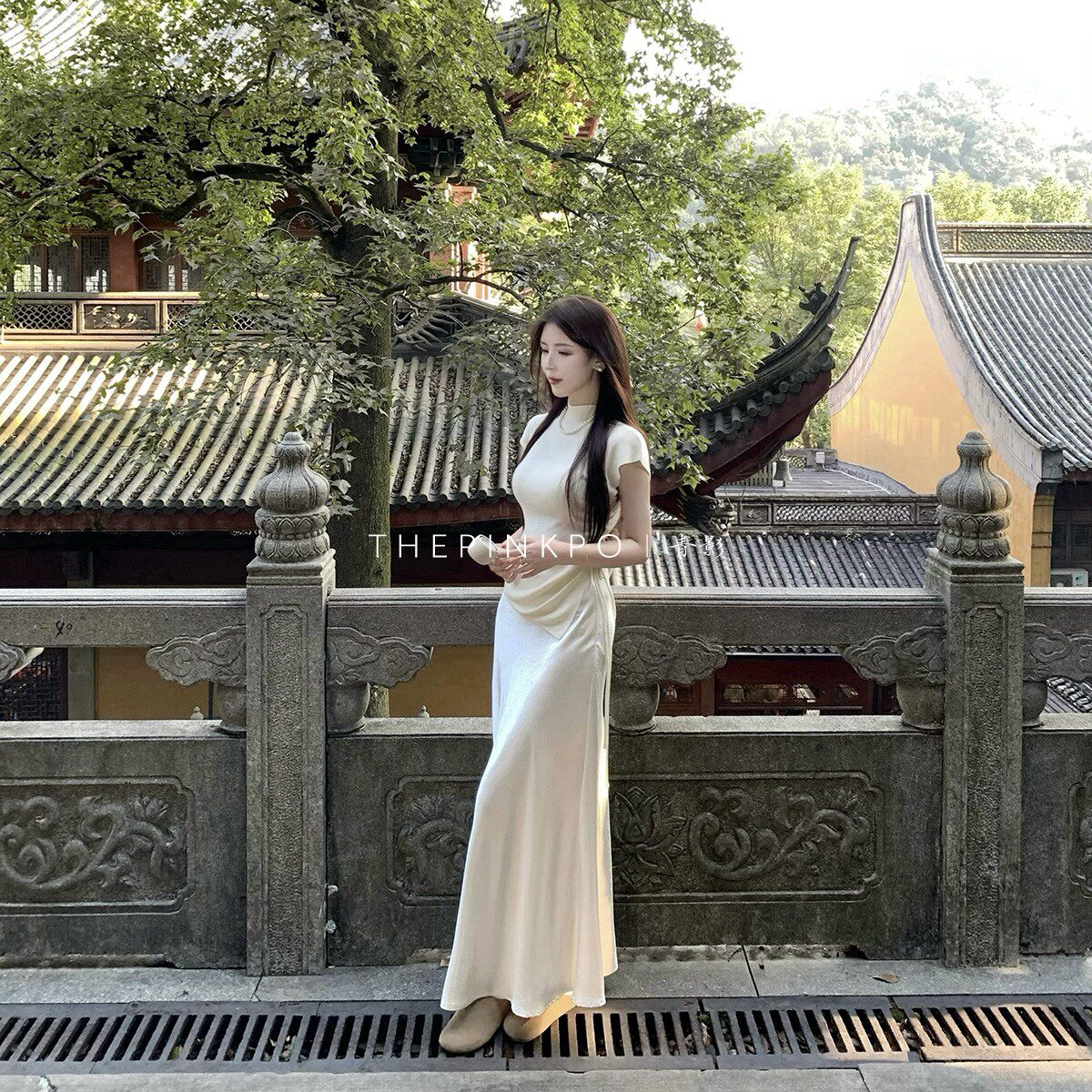 [THEPINKPO|青影]所谓伊人 新中式半高领针织打底缎面鱼尾裙套装