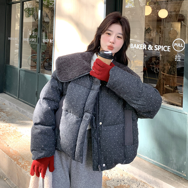 羊羔毛娃娃领波点羽绒服外套女新款韩系小个子短款90白鸭绒面包服,女装羽绒服,浙宝271