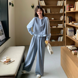 2025新款秋季韩系时尚时髦套装女休闲假两件长袖上衣阔腿裤两件套图片