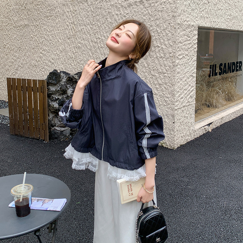 蕾丝花边拼接外套女2025年春季新款小个子休闲运动撞色条纹夹克潮,女装短外套,浙宝271
